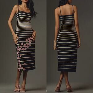 Anthropologie Maeve Striped Floral Appliqué Midi Dress Size 4 Feminine Lace NEW